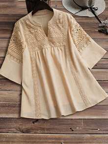 Linhara Plus Size Women Solid Color Pleated Casual Versatile Daily Wear Shirt - Apricot - View 1