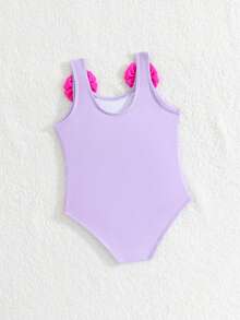 Baby Girl Flamingo Print Bow Decor One-Piece Swimsuit - Mauve Purple - View 2