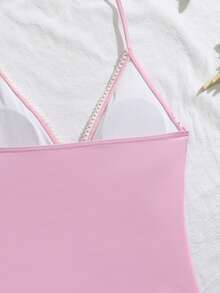 SHEIN 2件套少女粉色碎花花瓣滚边弹力速干舒适针织泳衣套装，适合海滩、泳池、海边、冲浪、度假、夏季旅行，亲肤速干：时尚少女海滩度假/沙滩泳池装扮。粉色碎花泳衣，少女连体泳衣，青少年泳装，少女夏季泳装。 - 粉色 - 查看 3