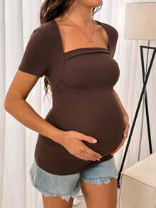 SHEIN Maternity Casual Solid Color Square Neck Fitted Short Sleeve T-Shirt, Summer - Brown - View 5