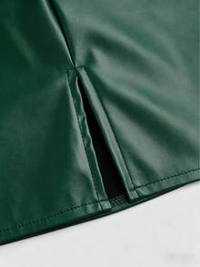 Sweetra Plus Size Slit Pleated PU Mini A-Line Skirt, Bodycon Flattering - Dark Green - View 4
