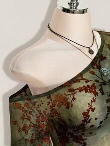 SHEIN ICON Women's Flocked Plant Print Asymmetric Neck Short Sleeve Top - Multicolor - View 6