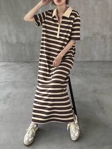 FRIFUL 女款夏季條紋POLO領直筒長洋裝太陽裙 - 綠色 - 查看 9
