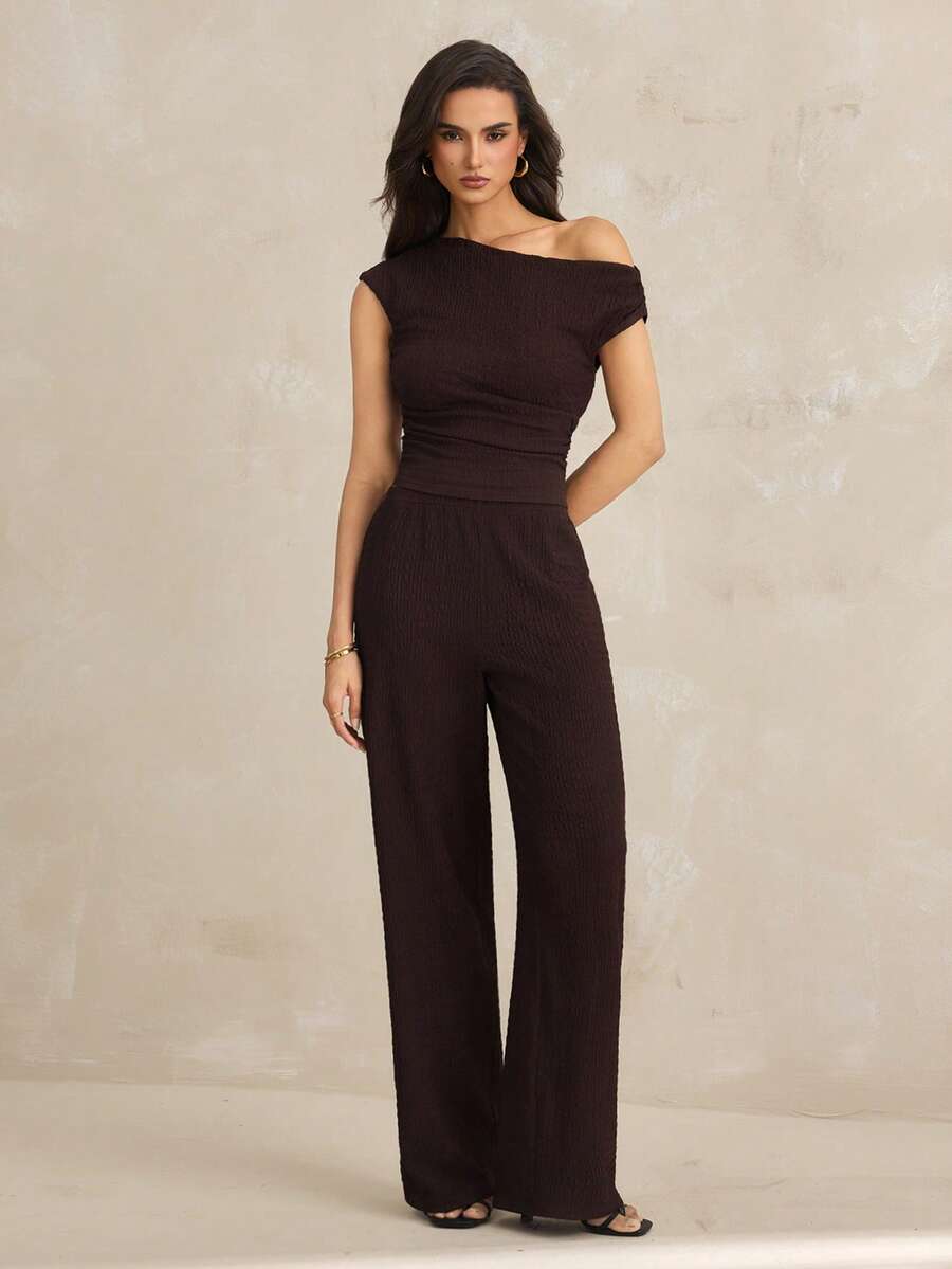SHEIN Tall 新款夏季女士波西米亚风度假套装，两件套，日常穿着，露腰设计 - 棕色 - 查看 1