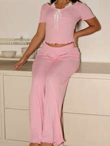 Lowkey Lull Conjunto de pijama de mujer de punto a rayas jacquard de estilo casual - Rosa - Ver 5