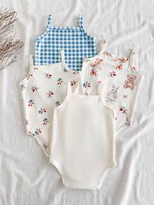 SHEIN Vintaside Kids 4件套新生女婴碎花、格子、兔子印花连体衣，舒适柔软面料，优雅乡村风格，适合春夏外出穿着 - 彩色 - 查看 2
