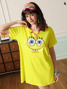 Chillnights SpongeBob SquarePants | SHEIN Graphic Round Neck Women Nightgown - Yellow - View 1