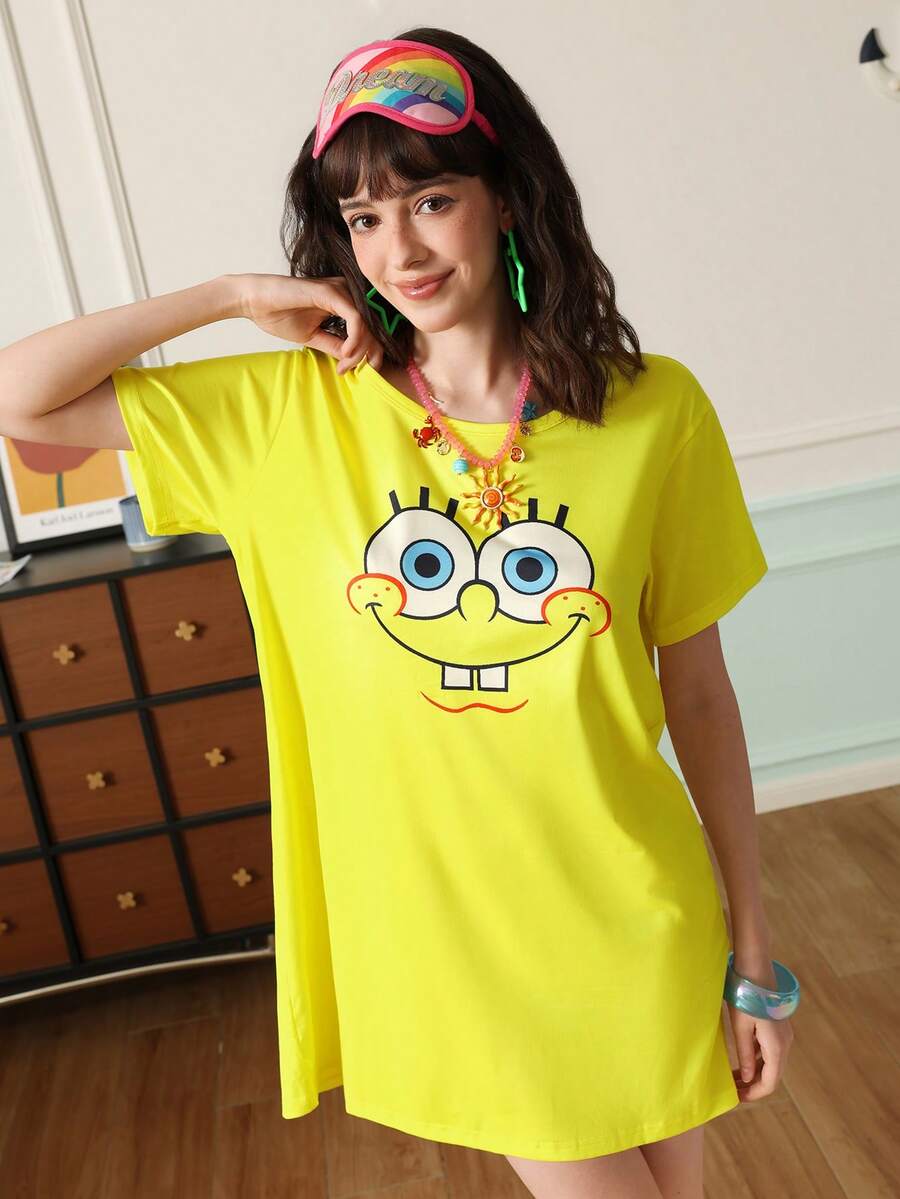 Chillnights SpongeBob SquarePants | SHEIN Graphic Round Neck Women Nightgown - Yellow - View 1