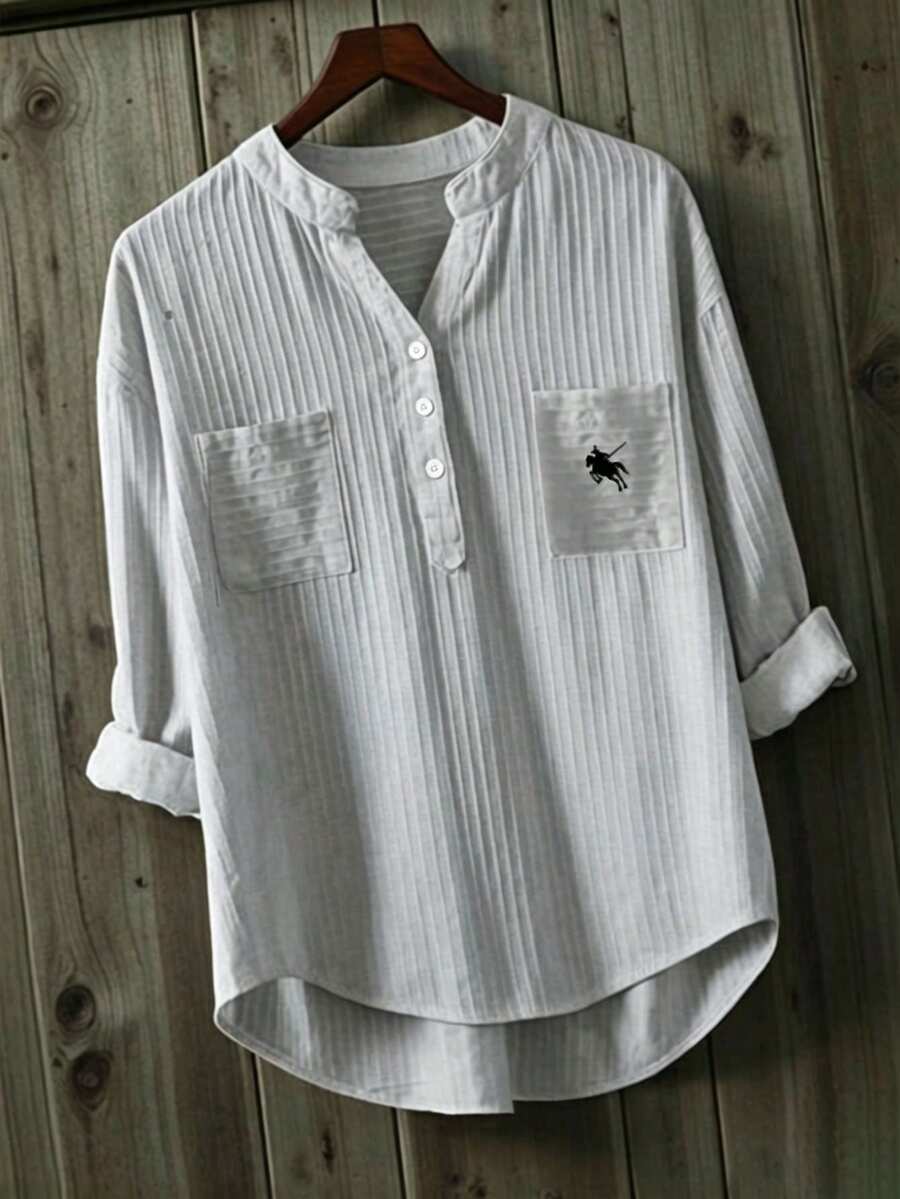 INAWLY Camisa blanca a rayas con cuello bordado, blusa suelta y casual de manga 3/4 con textura para mujeres - Gris - Ver 1