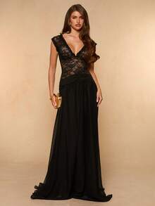 SHEIN BAE Đầm maxi dài ôm sát, ren đen, cổ chữ V sâu, chất liệu chiffon, kiểu dáng thanh lịch. - màu đen - Xem 3