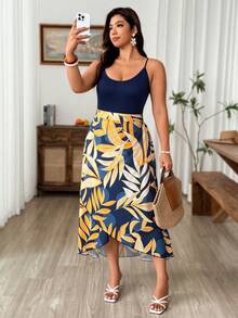 Weeklong Summer New Arrival Women's Tropical Print Spaghetti Strap A-Line Dress, Fashionable Vacation Style - Navy Blue - View 4
