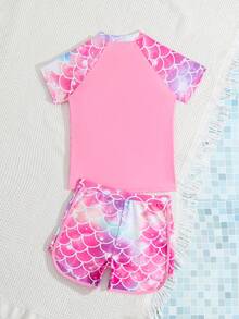 SHEIN GraphicGems Tween Girl 2 Pieces Pink Mermaid Fish Scale Print Rash Guard Set,Cute Summer Half-Zip Front Swim Shirt And Shorts Swimwear For Beach,Pool,Holiday - Pink - View 2