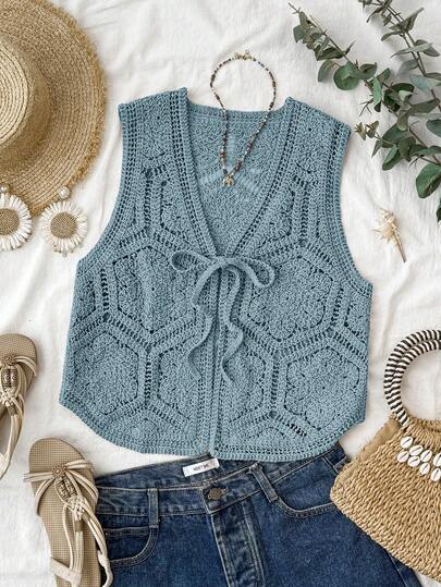 Travachic Áo khoác cardigan ren móc mỏng buộc dây đa năng dành cho nữ