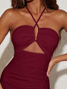 Travachic Backless Halter Neck Side Slit Vacation Dress For Women,Dresses For Women Summer - Burgundy - View 4