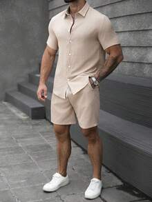 Manfinity CasualCool Men's Solid Color Minimalist Casual Short Sleeve Shirt And Shorts Set - Khaki - View 5