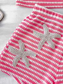 SHEIN Tween Girl Casual Comfortable Round Neck Sleeveless Starfish Decor Striped Tank Top And Shorts 2-Piece Set - Hot Pink - View 4