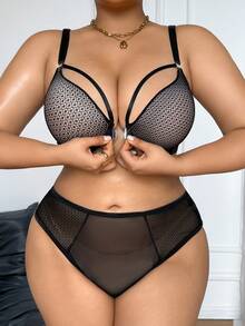 DesireSculpt Plus Size Women All-Over Print Adjustable Strap Bra And Panty Casual Sexy Everyday Lingerie Set White Summer - Black - View 1