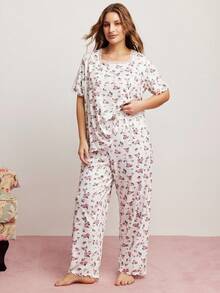 Elorette Plus Size Printed Lace Splice Crew Neck Short Sleeve Top And Pants Loungewear Set, Bountiful Floral Splendor Cozy And Elegant Details - White - View 5