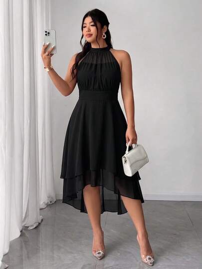 Elenzga Plus Size Round Neck Sleeveless Double Ruffle Hem Asymmetrical Hem Dress