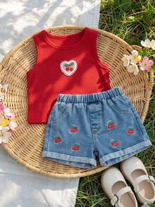 SHEIN Playful Pals 2pcs Baby Girls' White Floral Print Tank Top And Loose Comfortable Green Denim Shorts Set, Casual And Cute Style - Red - View 1