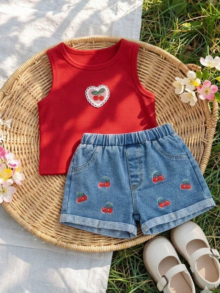 SHEIN Playful Pals 2pcs Baby Girls' White Floral Print Tank Top And Loose Comfortable Green Denim Shorts Set, Casual And Cute Style - Red - View 1