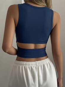 DAZY 女款夏季圓領露背鏤空設計修身短版街頭休閒極簡性感細肩帶背心 - 藏蓝色 - 查看 3