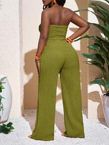 Slaydiva Bộ jumpsuit nữ mùa xuân hè mới, kiểu dáng thường ngày, gợi cảm và thanh lịch: áo ống thắt nơ, ống rộng dài chấm đất, màu cam, chất liệu dệt kim, thích hợp cho kỳ nghỉ. - Màu xanh Ô liu - Xem 2