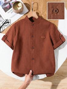 SHEIN Vacaura 1pc Tween Boys' Stand Collar Gentleman Khaki Solid Color Casual Short Sleeve Shirt, Spring/Summer - Brown - View 2