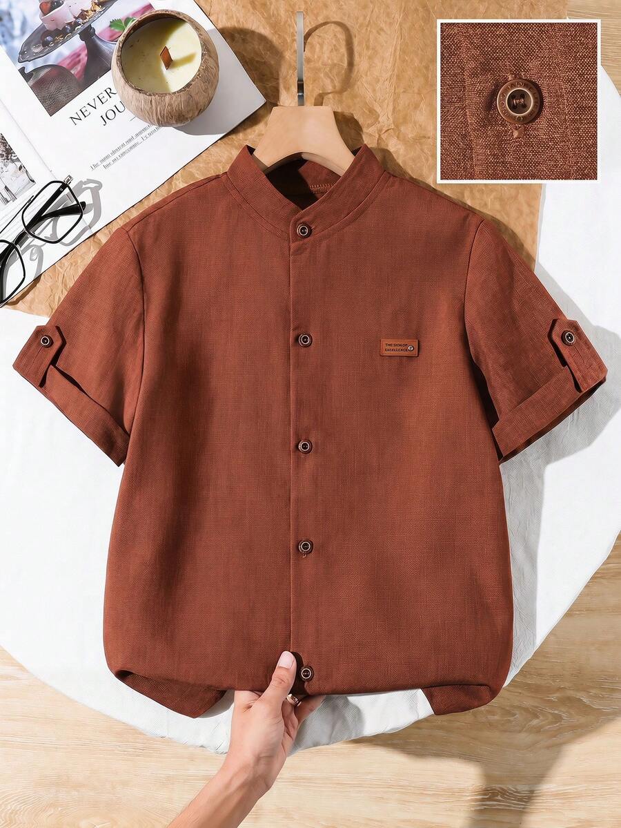 SHEIN Vacaura 1pc Tween Boys' Stand Collar Gentleman Khaki Solid Color Casual Short Sleeve Shirt, Spring/Summer