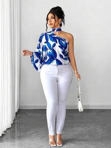 SHEIN Elenzya Áo kiểu thời trang thường ngày, thoải mái, phong cách Pháp cổ điển, thích hợp cho kỳ nghỉ xuân/hè, đi làm, cổ yếm, thắt nơ, in họa tiết hoa. - Màu xanh lam - Xem 7