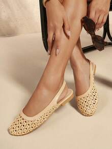 SHUZIA Sepatu Flat Wanita Elegan Anyaman PU yang Nyaman dengan Tali Belakang - Krem - View 2