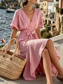 SHEIN Holidaya 1. V领系腰中长连衣裙 - 适合海滩、度假和休闲穿着，波西米亚风蓝色不对称下摆连衣裙 | 女士必备夏季度假连衣裙，轻盈裹身裙，优雅休闲 | V领短袖连衣裙，旅行和派对的完美之选 - 粉色 - 查看 3