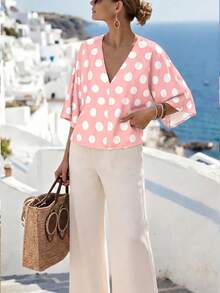 Wandoria V-Neck Loose Polka Dot Non-Positioning Print Casual Commuting Elegant Vacation Women Shirt - Multicolor - View 3