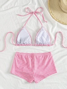 Swim Mod Fruit Print Halter Backless Bikini & Plaid Shorts 2-Piece Swimsuit For Women - Multicolor - View 8
