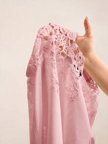 Anewsta Pink T-Shirt With Lace Embroidery Patchwork Hollow-Out Design, Unique Aesthetic Short Sleeve Top, Suitable For Valentine's Day, Summer Beach, New Year - Pink - View 8