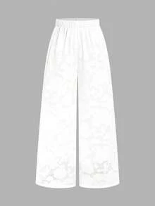 Elenzga 法式优雅提花冰丝阔腿裤，松紧腰垂坠修身休闲女裤 - 白色 - 查看 7