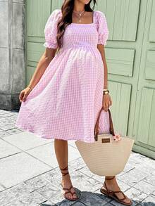 SHEIN Đầm bầu mùa hè kiểu đồng quê ngọt ngào dễ thương họa tiết kẻ caro cổ vuông tay cánh hoa thắt eo dáng midi - Hồng - Xem 3