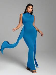 Zolique Women's High Neck Front Tie Sexy Extra Long Dress - Blue - View 5