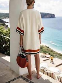 SHEIN Holidaya 夏季休闲V领中长连衣裙，适合商务、办公、户外、海滩、日常通勤等多种场合，复古优雅女装 - 彩色 - 查看 2