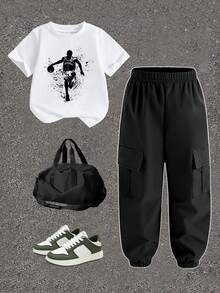SHEIN Streecool Kids 男童篮球剪影泼墨印花设计，时尚圆领短袖T恤搭配工装裤套装，适合假日、派对等场合，舒适轻便，是春夏休闲街头风穿搭的理想之选，也适合户外、校园、节日等场合，亦可作为礼物赠送。 - 彩色 - 查看 6