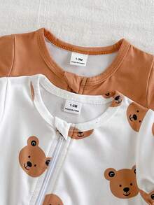 SHEIN Vintaside Kids 2件套男婴白色和灰色可爱大象印花长袖连体衣，适合秋冬季外出穿着，舒适百搭 - 棕色 - 查看 8
