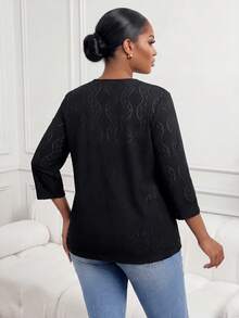 SHEIN Lady CURVE Áo khoác nữ cỡ lớn màu trắng dệt kim, chất liệu vải họa tiết, thích hợp cho mùa xuân/thu, mùa thu đông, ngày Valentine. - màu đen - Xem 2