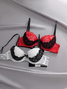 EmpressEnvy Contrast Color Lace Heart Embroidery Bow Tie Lingerie Series (Lace + Multi-Color Patchwork Craft) - Multicolor - View 3