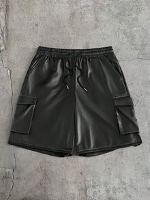 AXEPEAK Men's Solid Color PU Leather Short Sleeve Shirt And Shorts Set - Black - View 8