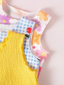 SHEIN 6件/套 嬰幼兒女童 0-3歲 可愛夏季度假 柔軟波浪針織面料 無袖上衣T恤 & 短褲套裝 淡黃色 - 彩色 - 查看 4