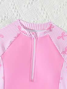 SHEIN 少女款吊带泳衣，可爱粉色条纹蝴蝶结针织面料无袖露脐比基尼上衣，拉链拼接短裤，时尚休闲优雅女士款，适合游泳、夏季度假、海滩、泳池、假日派对等场合。 - 粉色 - 查看 3