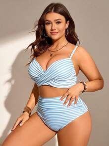 Swim Lushoire Conjunto de bikini de 2 piezas con tirantes finos y estampado de rayas para mujer de talla grande, con diseño minimalista y elegante - Azul - Ver 3