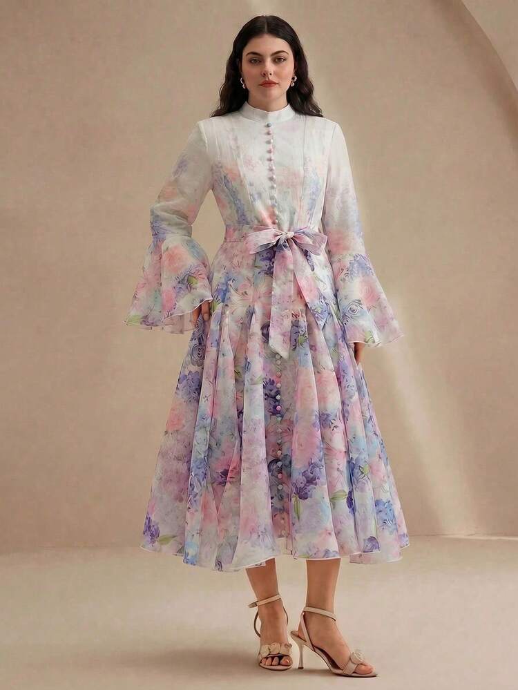 Plus Size Floral Print Belted Long Sleeve Dress