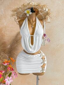 Conjunto de 2 piezas con top de cuello en V profundo sólido y minifalda con decoración de estrella de mar de metal para mujer - Multicolor - Ver 3