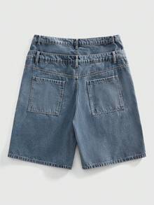 ROMWE MEN Street Life Quần short denim nam hai lớp cạp chun rách có miếng vá hình chữ thập. - Màu xanh lam - Xem 2